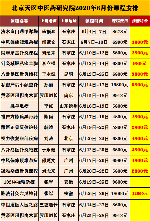北京天医研修学院 六月份课程安排表